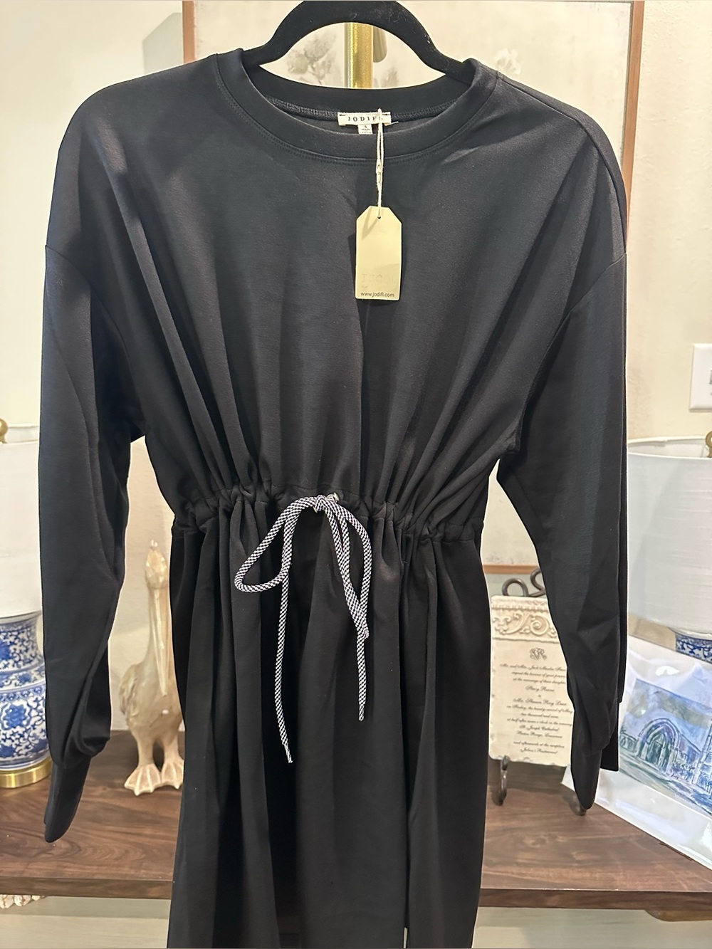 JODIFL Black Drawstring Waist Long Sleeve Dress